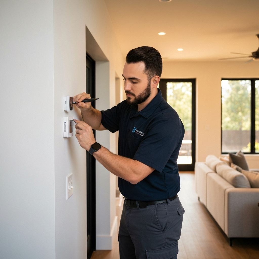Professional technician installing smart thermostat